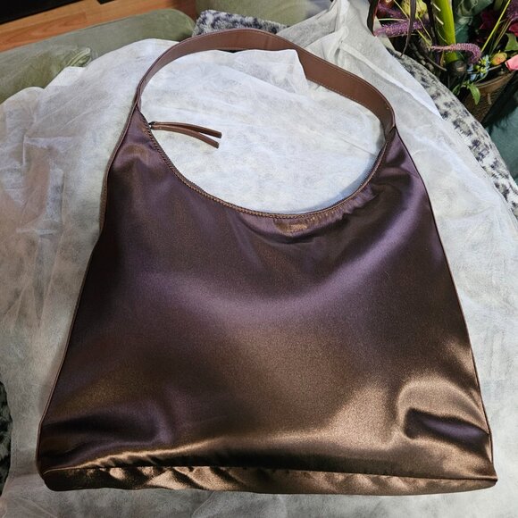 Hush | Gorgeous Satin Chocolate Brown Scoop Tote Bag - Like New! - Picture 13 of 15